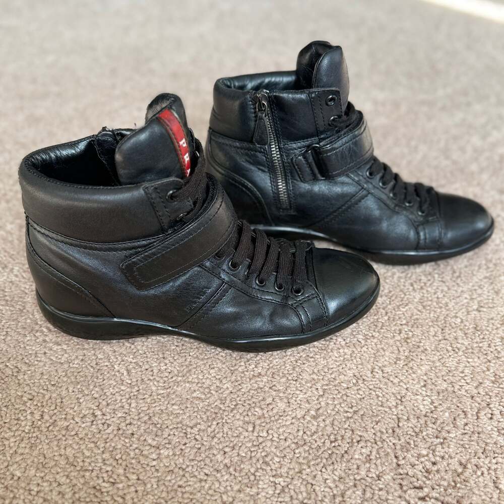 PRADA High-Top Black Soft Leather Sneakers Women’s Size 7 - Picture 3 of 10